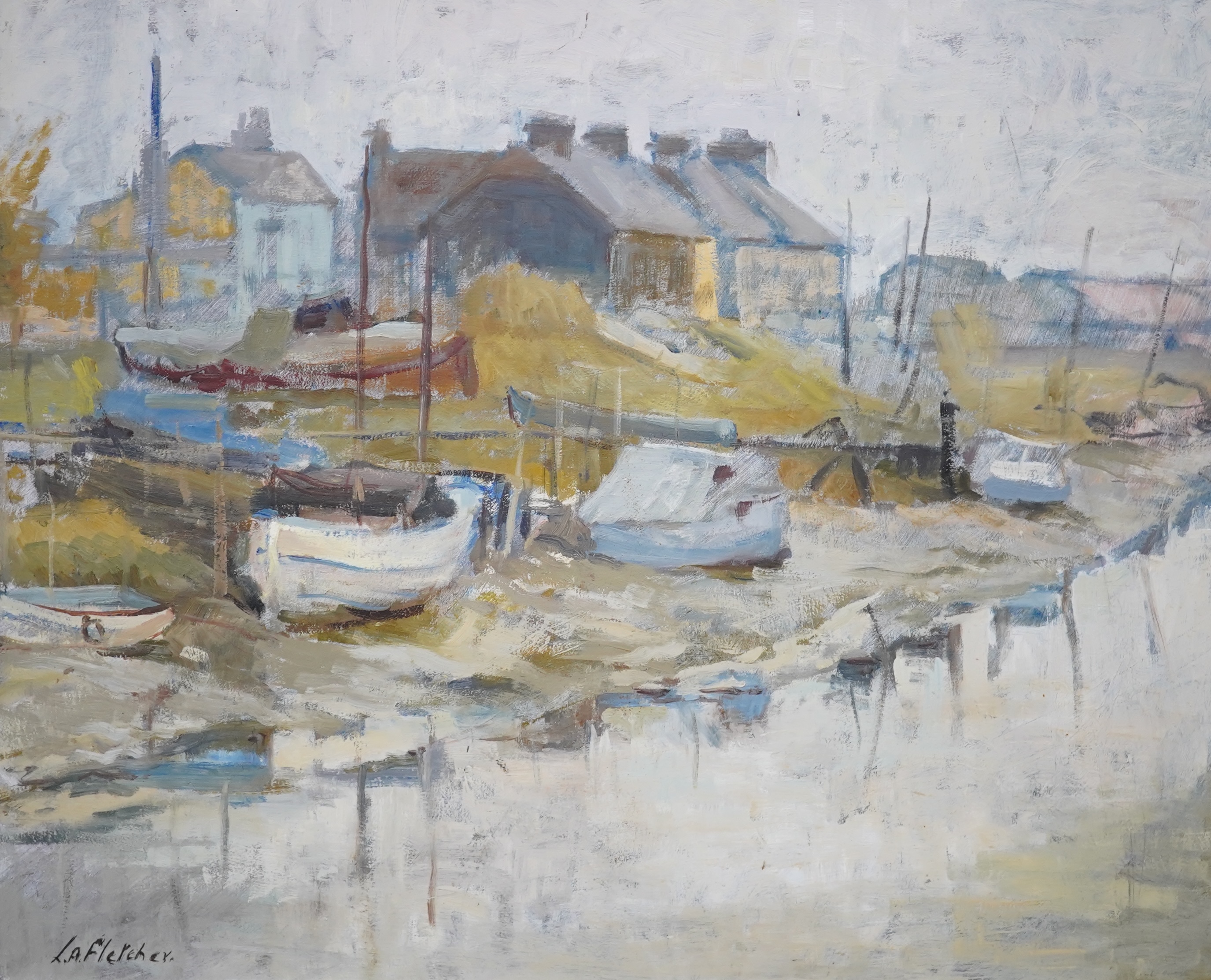 L A Fletcher, impressionist oil on board, Faversham Creek 1975, signed, 49 x 60cm. Condition - good